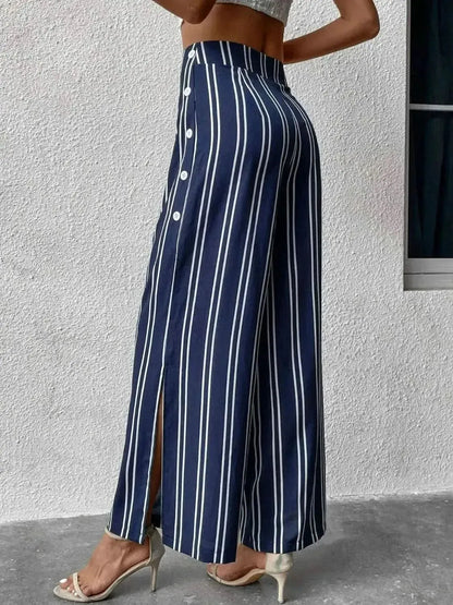 Perfee Striped Slit Wide Leg Pants - Bad Moms Club