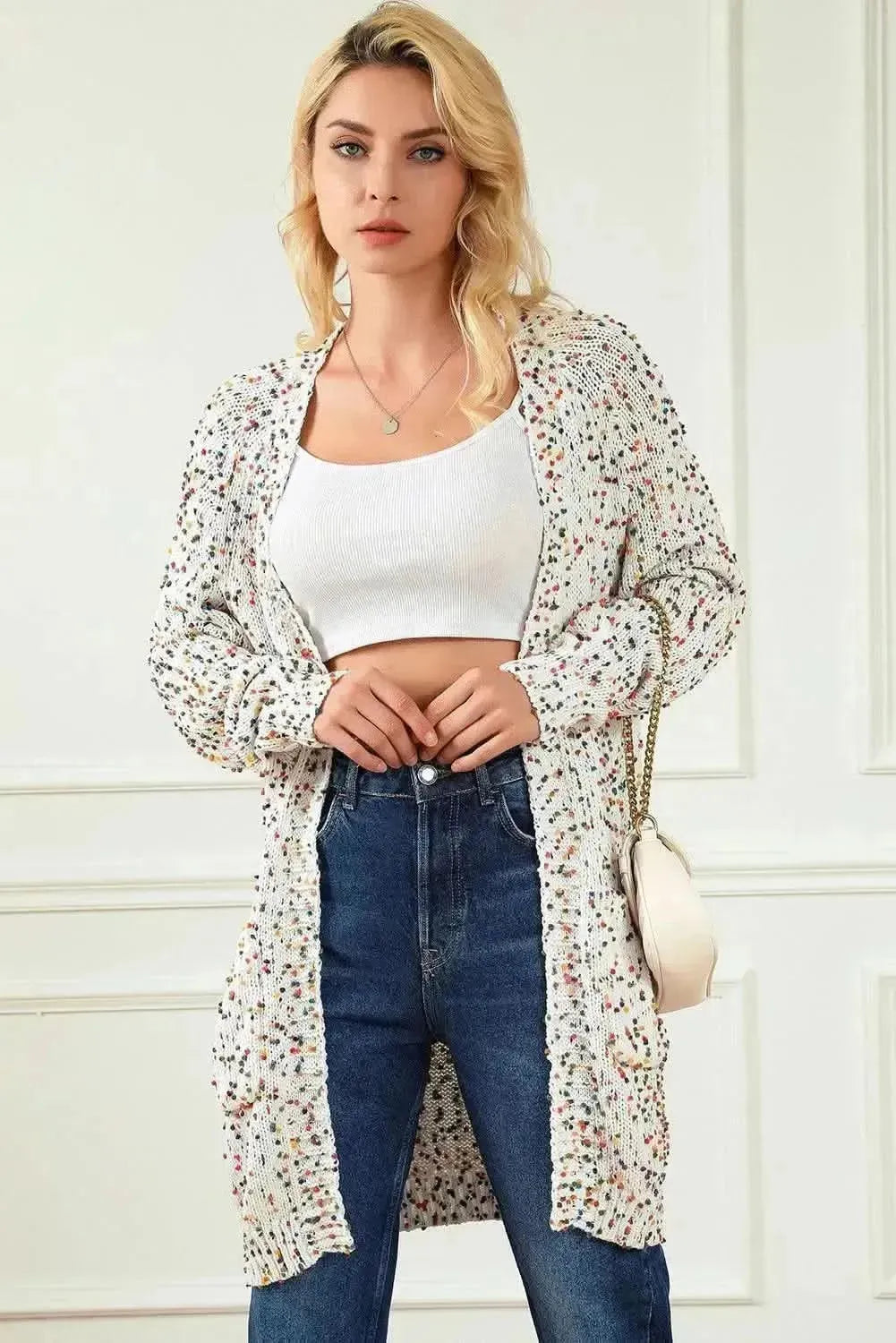 Heathered Open Front Long Sleeve Cardigan - Bad Moms Club