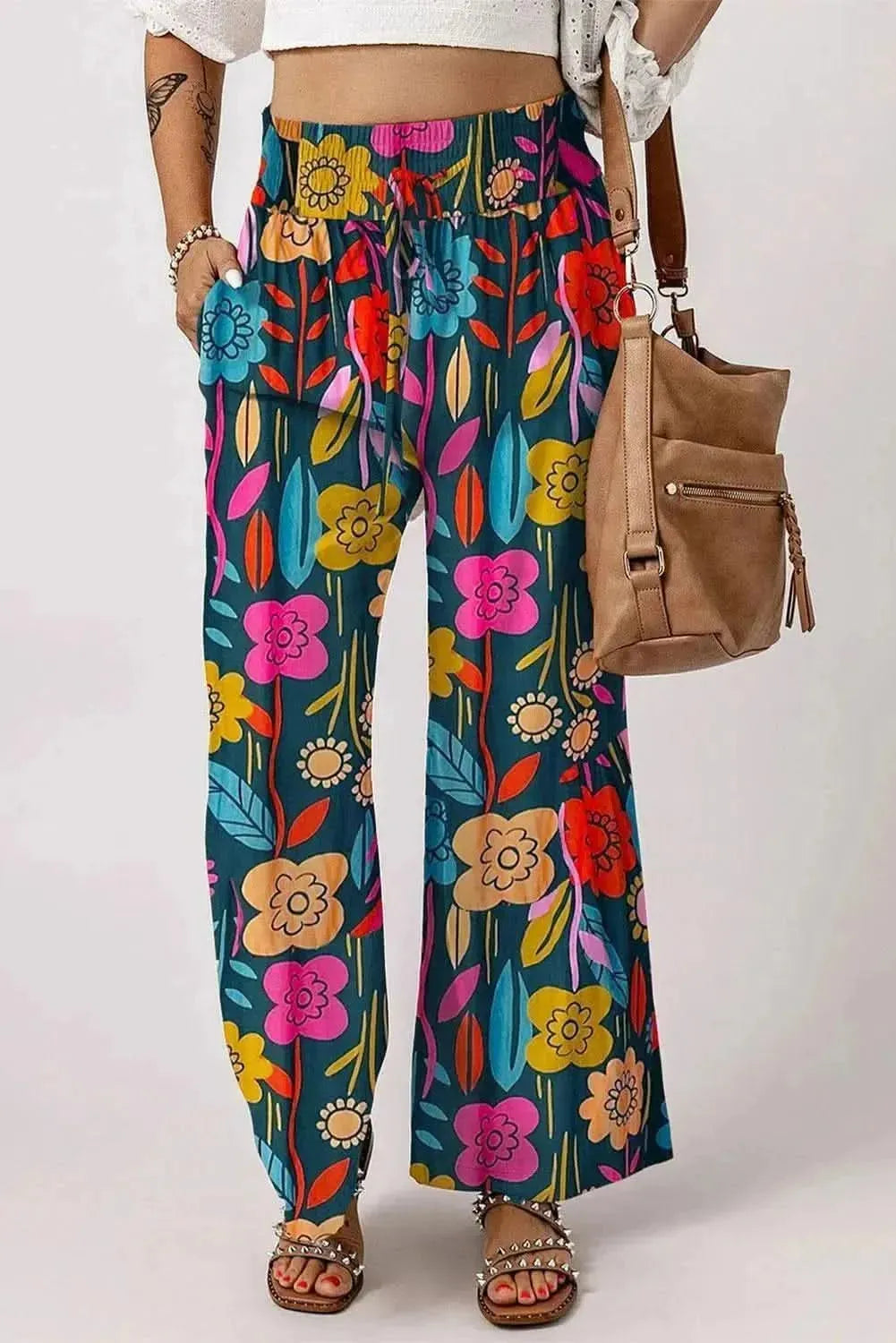 Printed High Waist Wide Leg Pants - Bad Moms Club