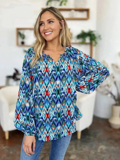 Double Take Full Size Printed Balloon Sleeve Blouse - Bad Moms Club
