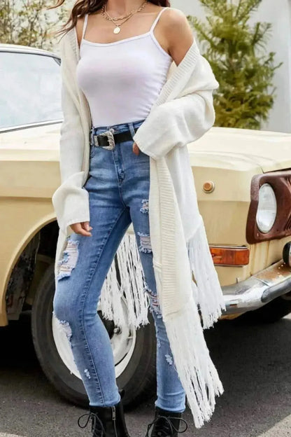 Fringe Hem Open Front Ribbed Trim Cardigan - Bad Moms Club