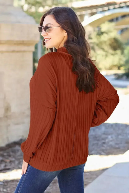 Basic Bae Full Size Ribbed Exposed Seam Mock Neck Knit Top - Bad Moms Club