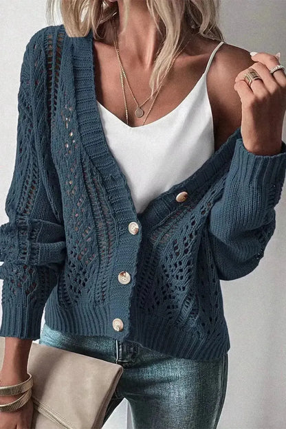 Openwork Button Up Long Sleeve Cardigan - Bad Moms Club