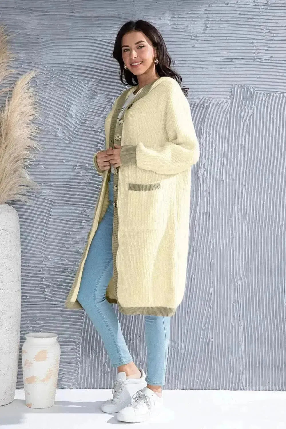 Button Up Contrast Trim Hooded Cardigan - Bad Moms Club