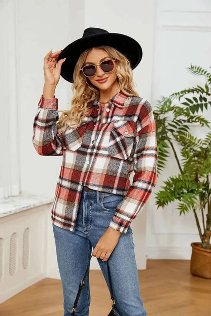 Button Down Collared Plaid Shacket - Bad Moms Club