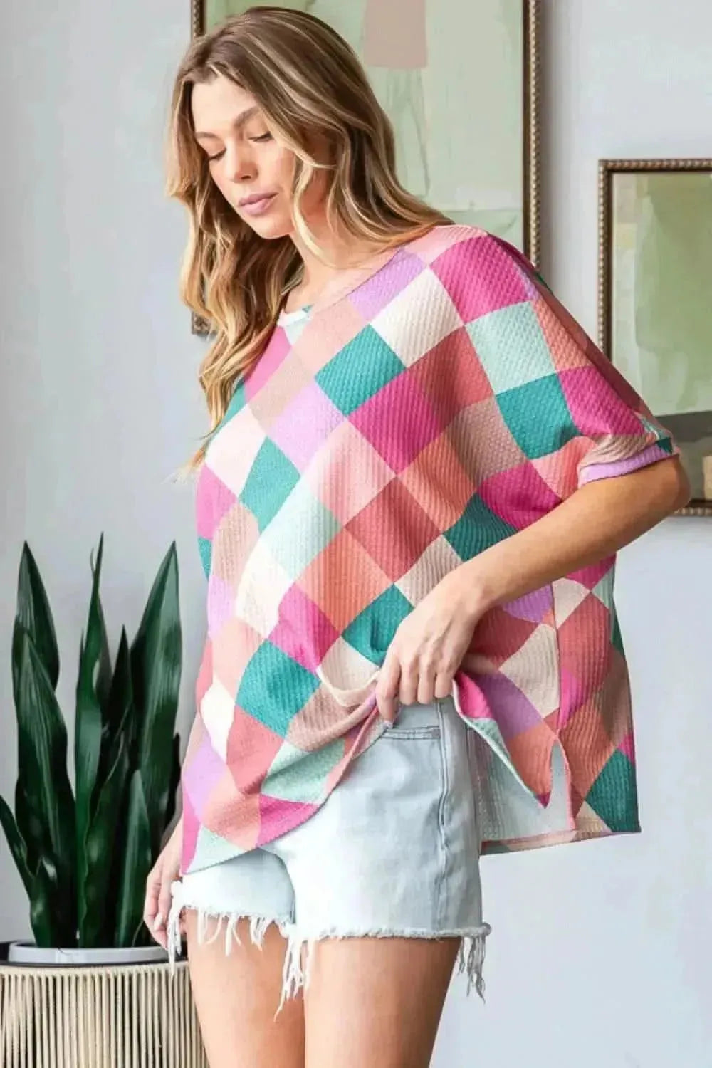 HOPELY Full Size Multi Colored Argyle Side Slit T-Shirt - Bad Moms Club