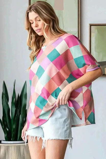 HOPELY Full Size Multi Colored Argyle Side Slit T-Shirt - Bad Moms Club