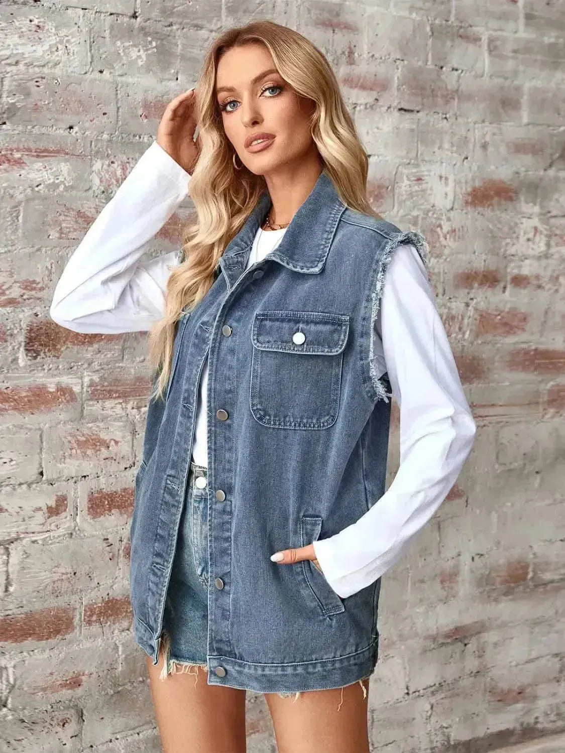 Raw Hem Sleeveless Button Up Denim Jacket - Bad Moms Club