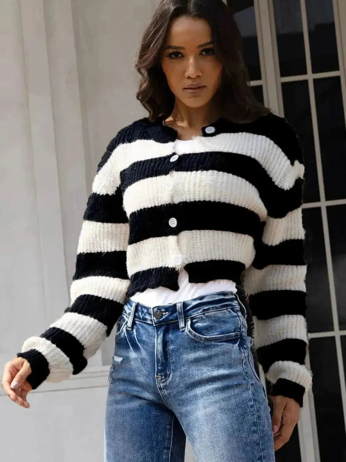 Striped Button Up Dropped Shoulder Cardigan - Bad Moms Club