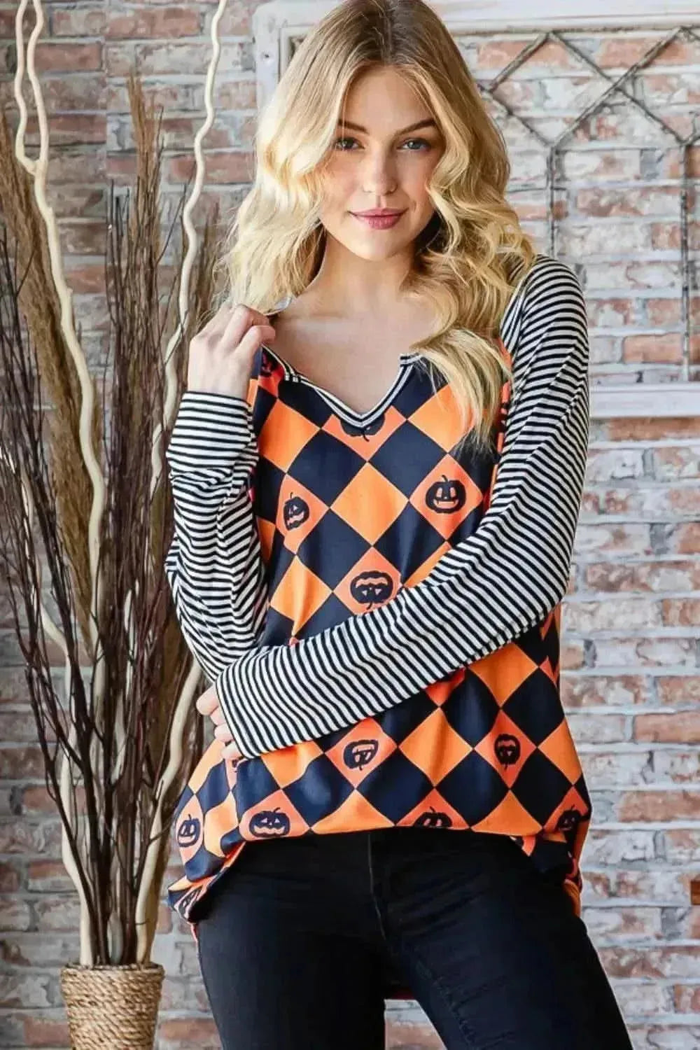 Heimish Full Size Checkered Contrast Striped Long Sleeve T-Shirt - Bad Moms Club