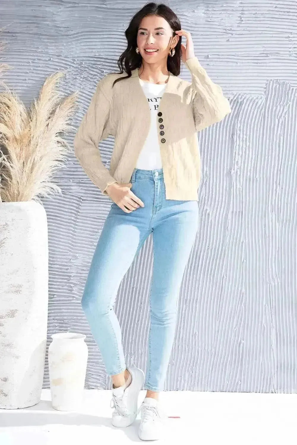 Cable-Knit Button Up Dropped Shoulder Cardigan - Bad Moms Club
