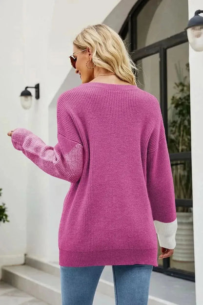 Color Block Round Neck Sweater - Bad Moms Club