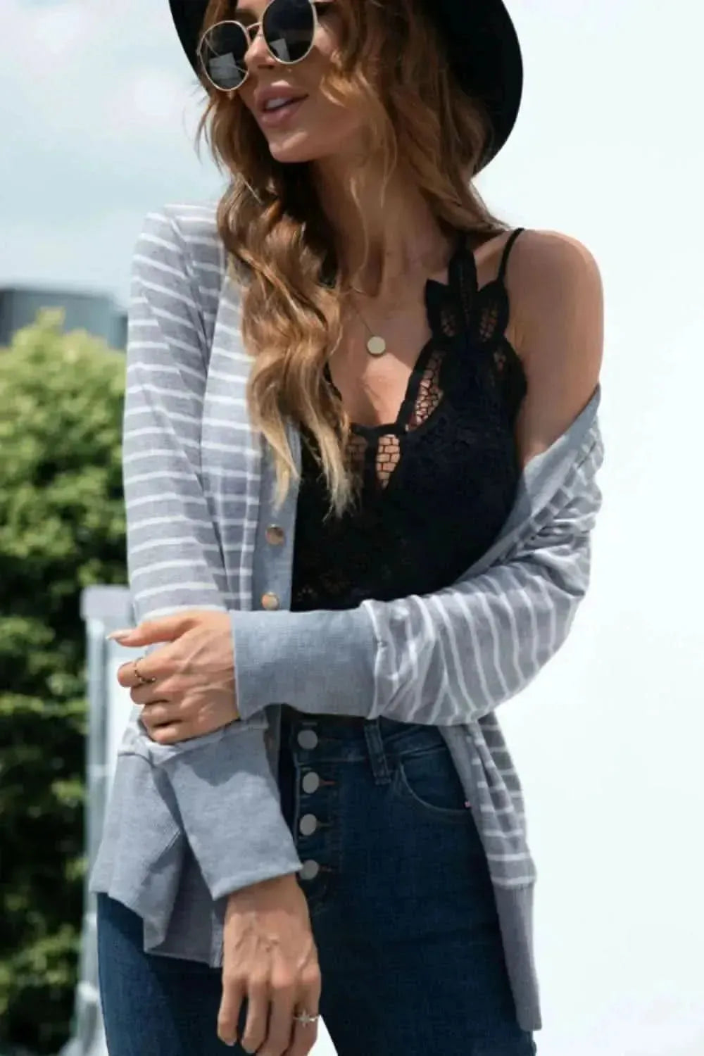 Striped Snap Down Long Sleeve Cardigan - Bad Moms Club