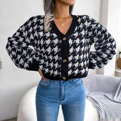 Houndstooth V-Neck Dropped Shoulder Cropped Cardigan - Bad Moms Club