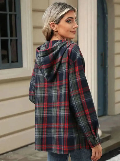 Drawstring Plaid Hooded Long Sleeve Top - Bad Moms Club