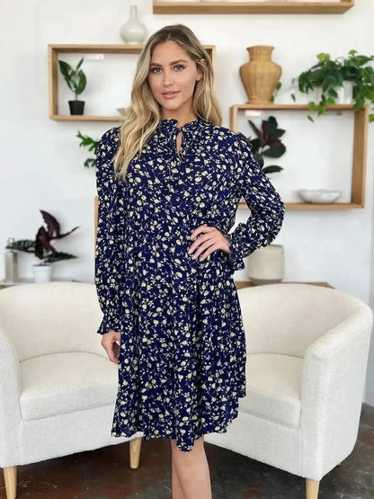 Double Take Full Size Printed Ruffle Hem Long Sleeve Tiered Dress - Bad Moms Club