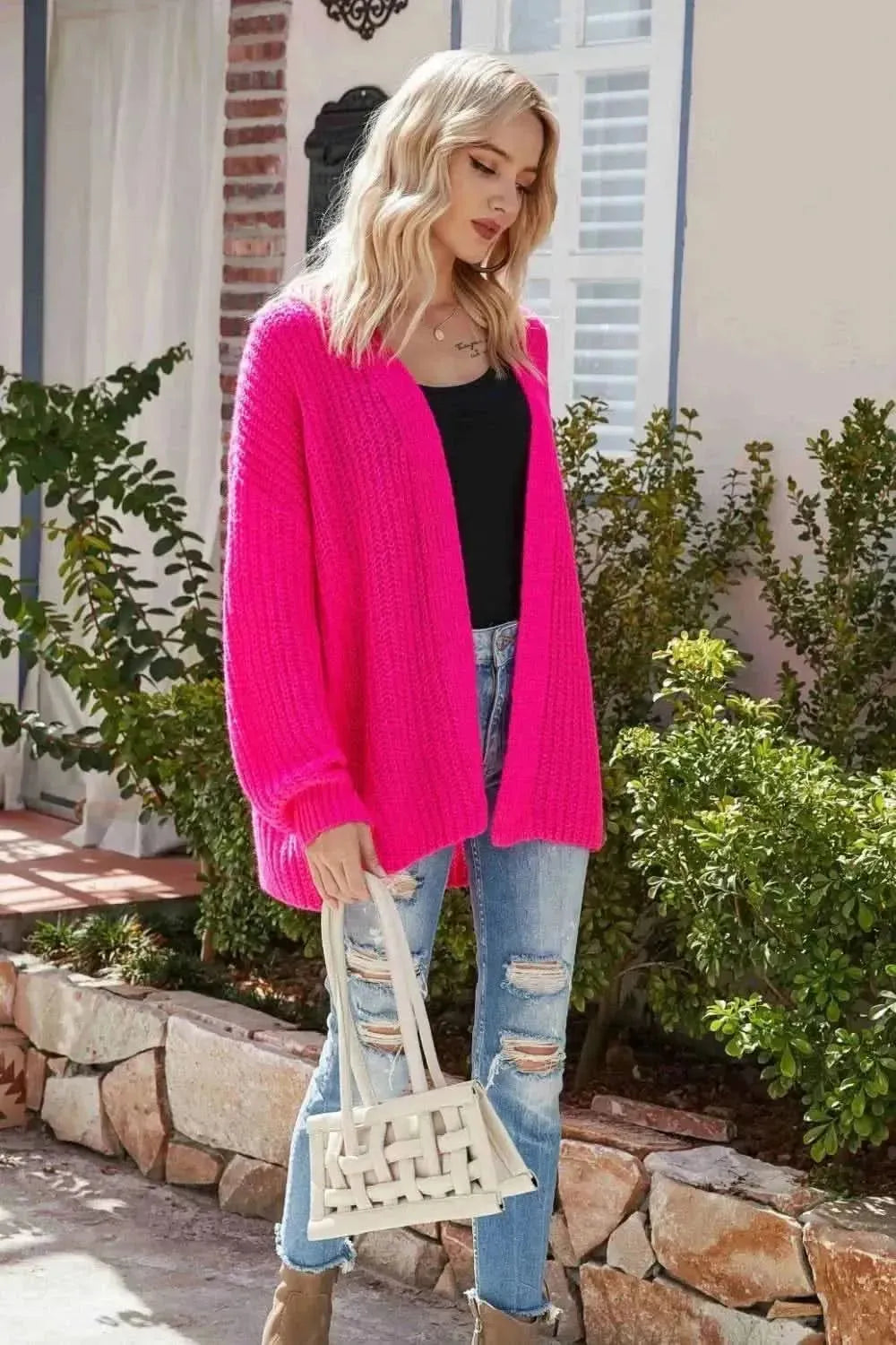 Rib-Knit Open Front Drop Shoulder Cardigan - Bad Moms Club
