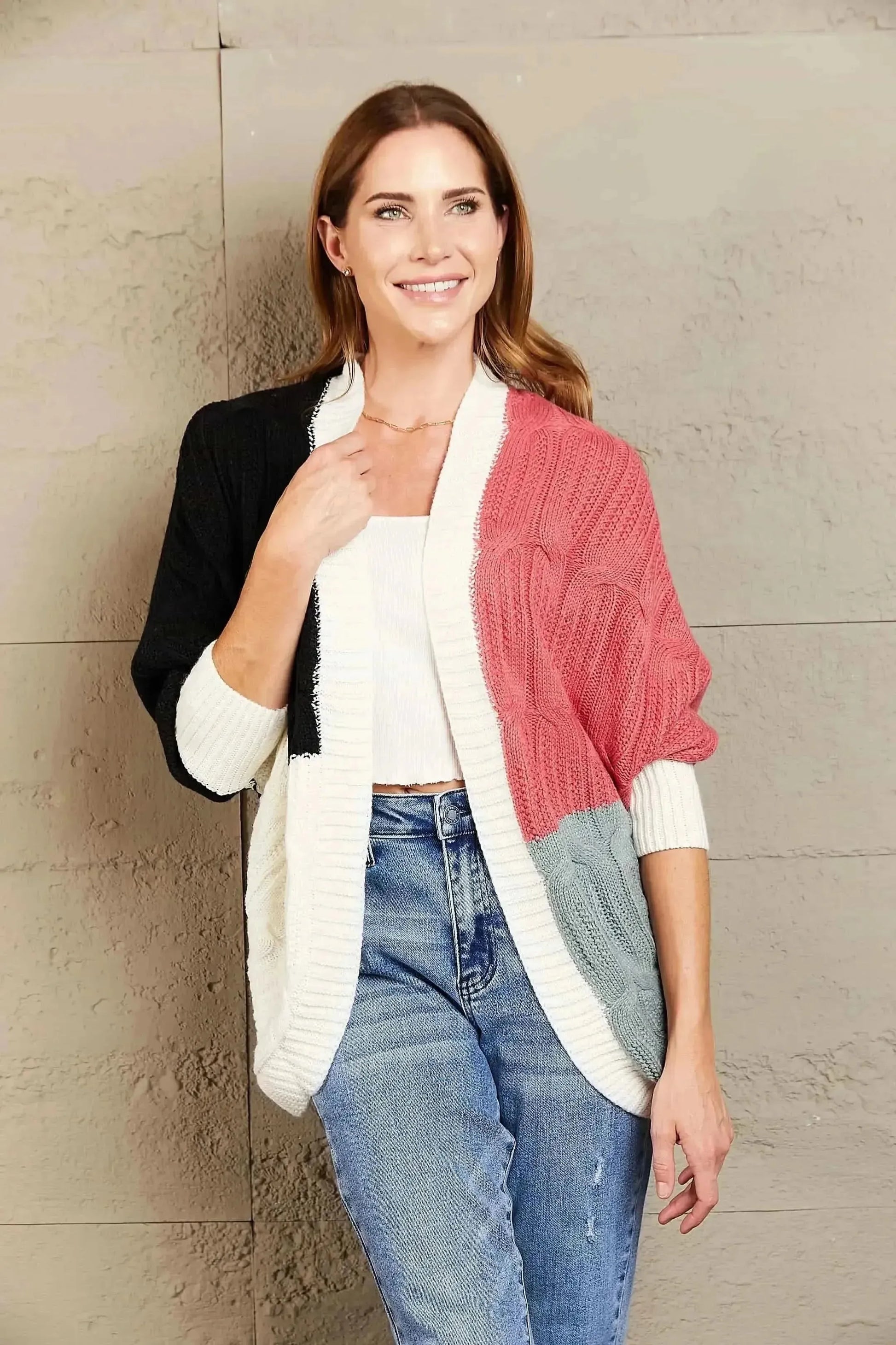 Woven Right Color Block Cable-Knit Batwing Sleeve Cardigan - Bad Moms Club