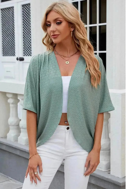 Eyelet Open Front Half Sleeve Cardigan - Bad Moms Club