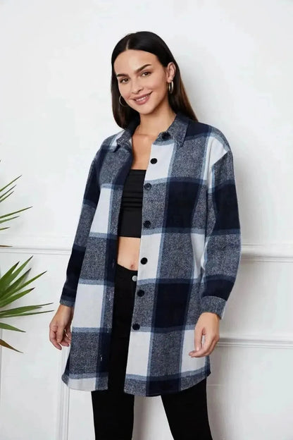 Plaid Button Up Collared Neck Outerwear - Bad Moms Club