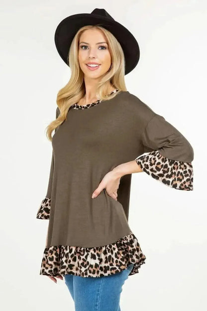 Celeste Full Size Flounce Sleeve Leopard Trim Top - Bad Moms Club