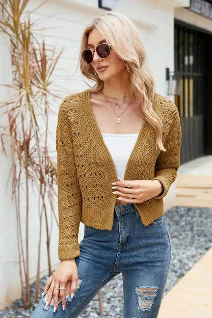 Open Front Cuffed Cropped Cardigan - Bad Moms Club