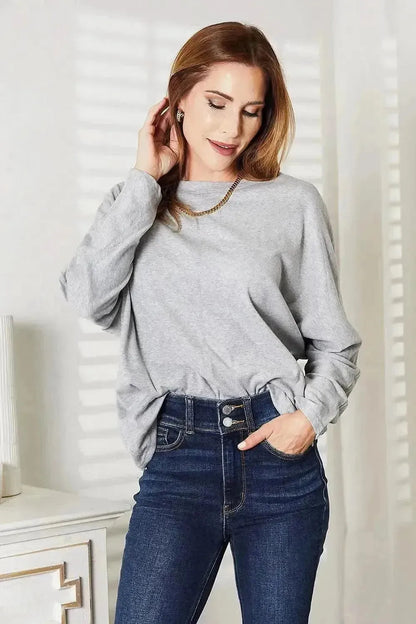 Double Take Seam Detail Round Neck Long Sleeve Top - Bad Moms Club