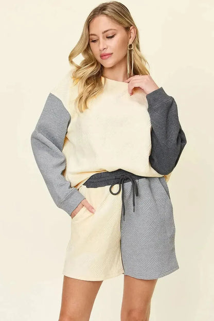 Double Take Full Size Contrast Drop Shoulder Top and Shorts Set - Bad Moms Club