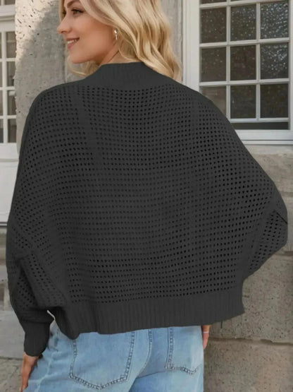 Openwork Open Front Long Sleeve Cardigan - Bad Moms Club