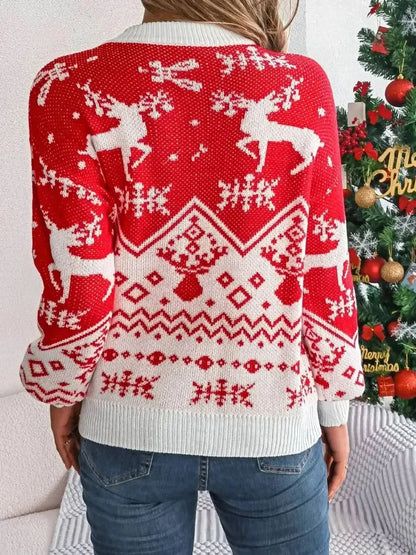 Christmas Element Round Neck Long Sleeve Sweater - Bad Moms Club