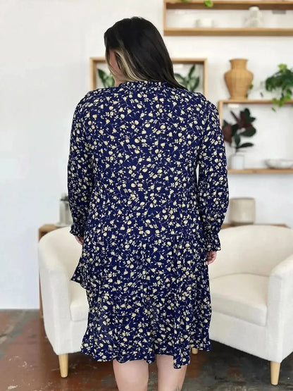 Double Take Full Size Printed Ruffle Hem Long Sleeve Tiered Dress - Bad Moms Club