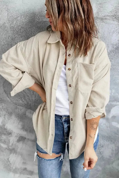 Collared Neck Button Up Dropped Shoulder Shacket - Bad Moms Club