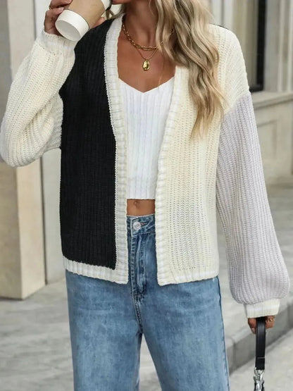 Contrast Open Front Long Sleeve Cardigan - Bad Moms Club