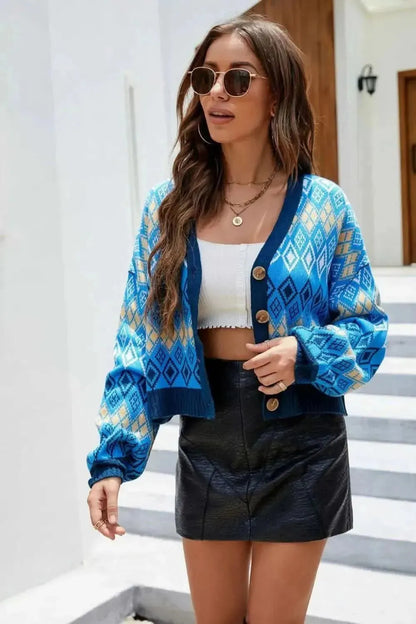 Argyle Button-Up Drop Shoulder Cardigan - Bad Moms Club