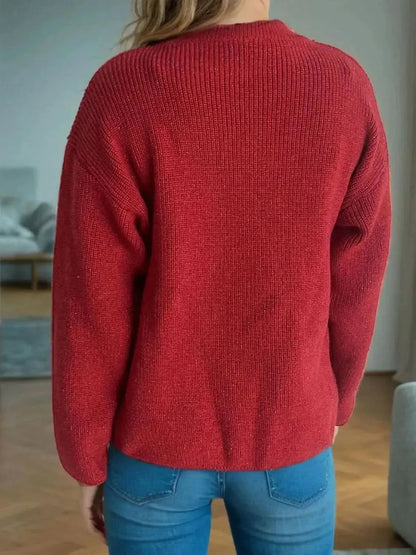 Solid Color Round Neck Long Sleeve Sweater - Bad Moms Club