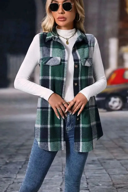 Plaid Button Up Vest Coat - Bad Moms Club