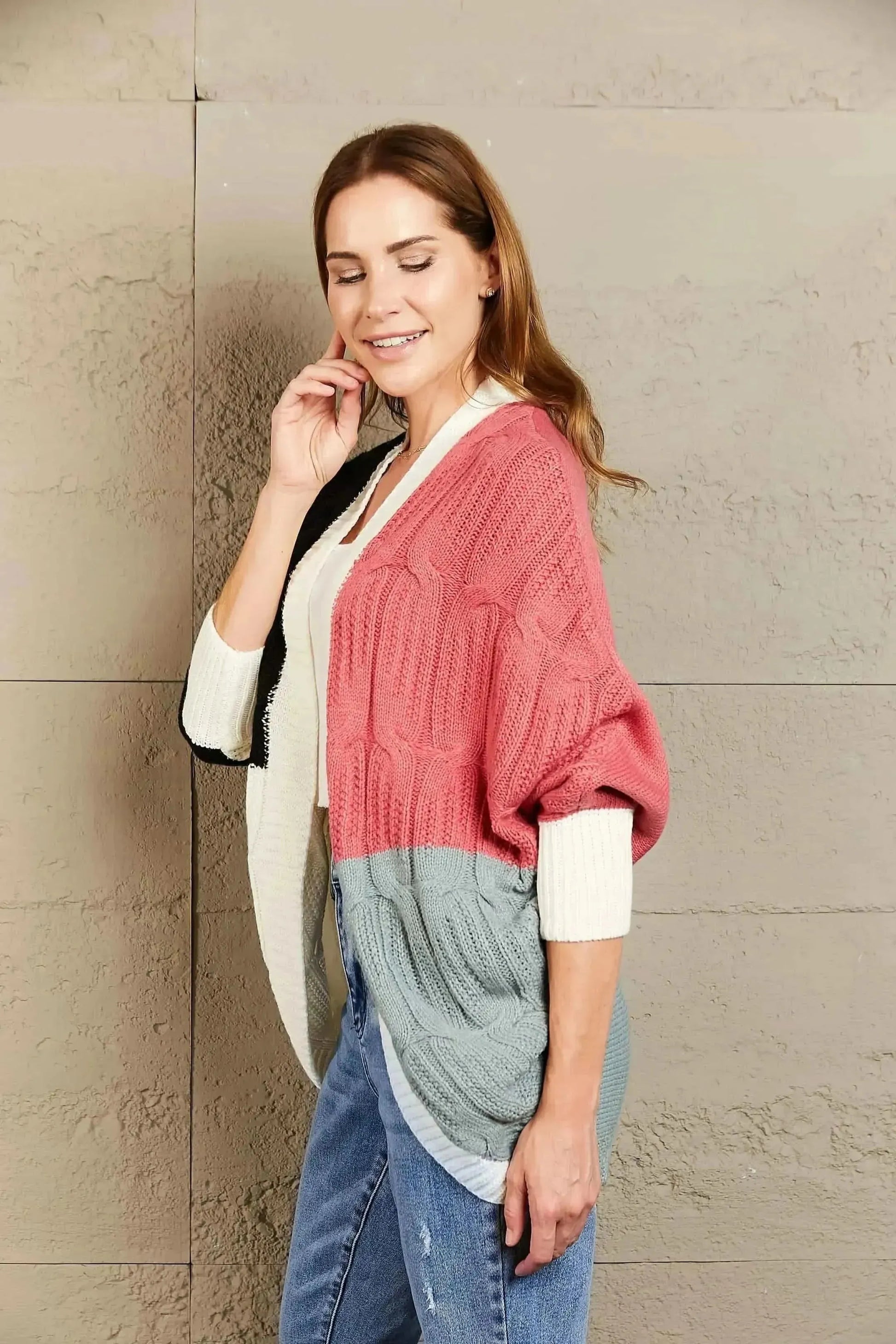 Woven Right Color Block Cable-Knit Batwing Sleeve Cardigan - Bad Moms Club