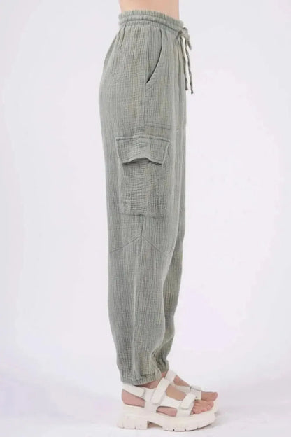 VERY J Washed Woven Crinkle Gauze Drawstring Pants - Bad Moms Club
