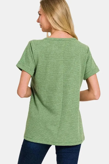 Zenana Waffle Notched Short Sleeve T-Shirt - Bad Moms Club