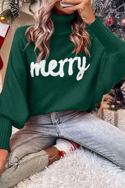 Double Take Full Size Merry Christmas Turtleneck Long Sleeve Sweater - Bad Moms Club