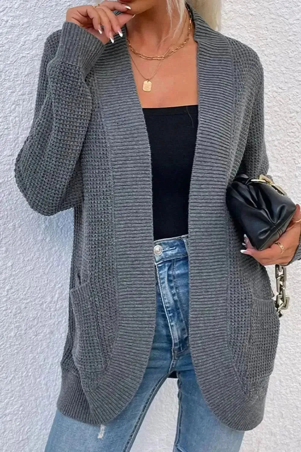 Open Front Rib-Knit Cardigan with Pockets - Bad Moms Club