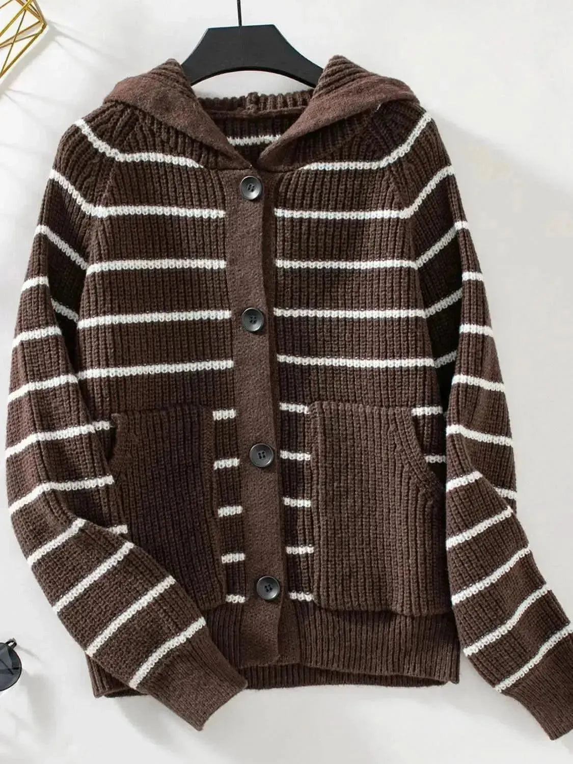 Striped Button Up Long Sleeve Hooded Cardigan - Bad Moms Club