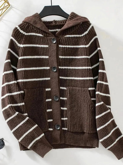 Striped Button Up Long Sleeve Hooded Cardigan - Bad Moms Club