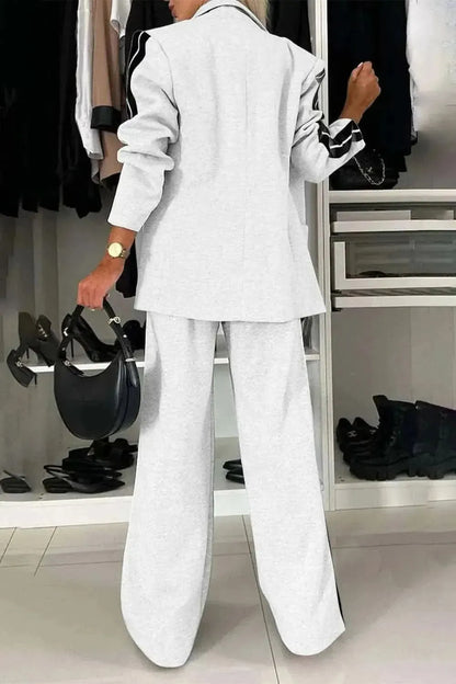 Full Size Contrast Lapel Collar Top and Pants Set - Bad Moms Club