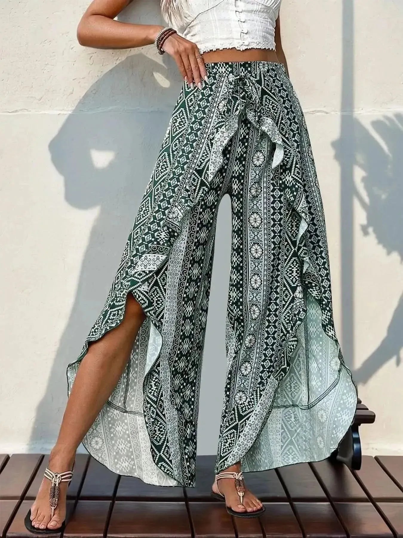 Perfee Slit Ruffled Geometric Wide Leg Pants - Bad Moms Club