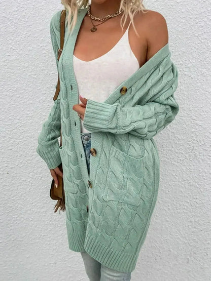 Cable-Knit Button Down Cardigan with Pockets - Bad Moms Club