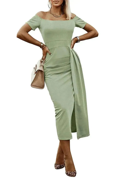 Off-Shoulder Short Sleeve Split Dress - Bad Moms Club