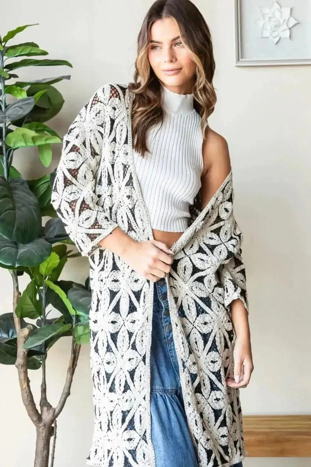 Veveret Geometric Open Front Three-Quarter Sleeve Cardigan - Bad Moms Club