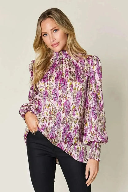 Double Take Full Size Printed Smocked Long Sleeve Blouse - Bad Moms Club