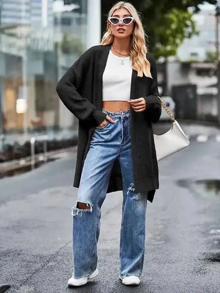 Long Sleeve Waffle-Knit Cardigan - Bad Moms Club